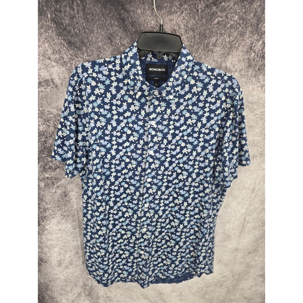 Bonobos Mens Shirt Mens Medium Blue Button Up Slim Floral Short Sleeve Hawaiian